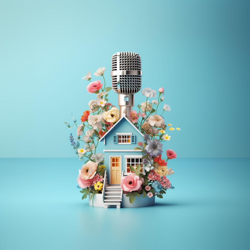 smilestack_microphone_with_a_house_with_flowers_with_a_flat_lig_976ae9f8-133a-4f38-b9d5-e2120c45d7c8